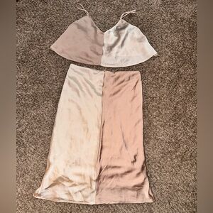 Forte Satin Skirt Set in Cream and Tan